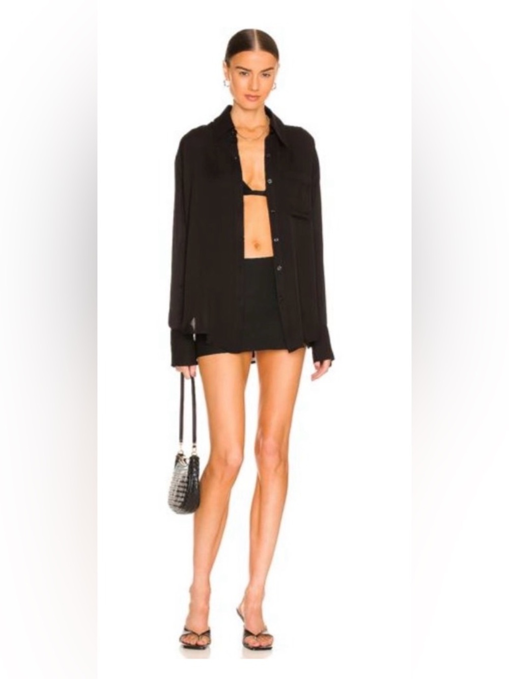 L'Academie Lenae Sheer Black Button Down Shirt Revolve Drapey Blouse Size S